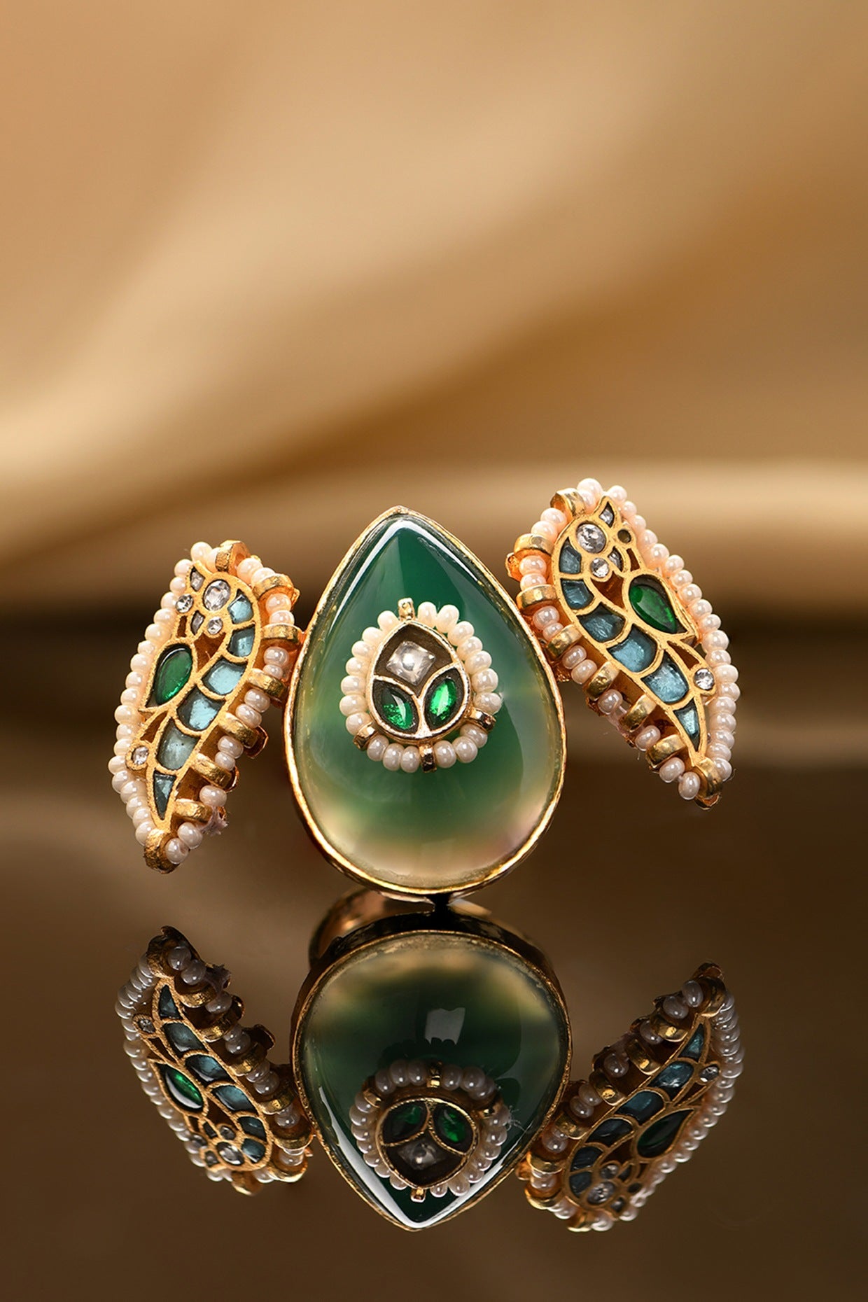 Gold Plated Green Agate & Kundan Polki Ring