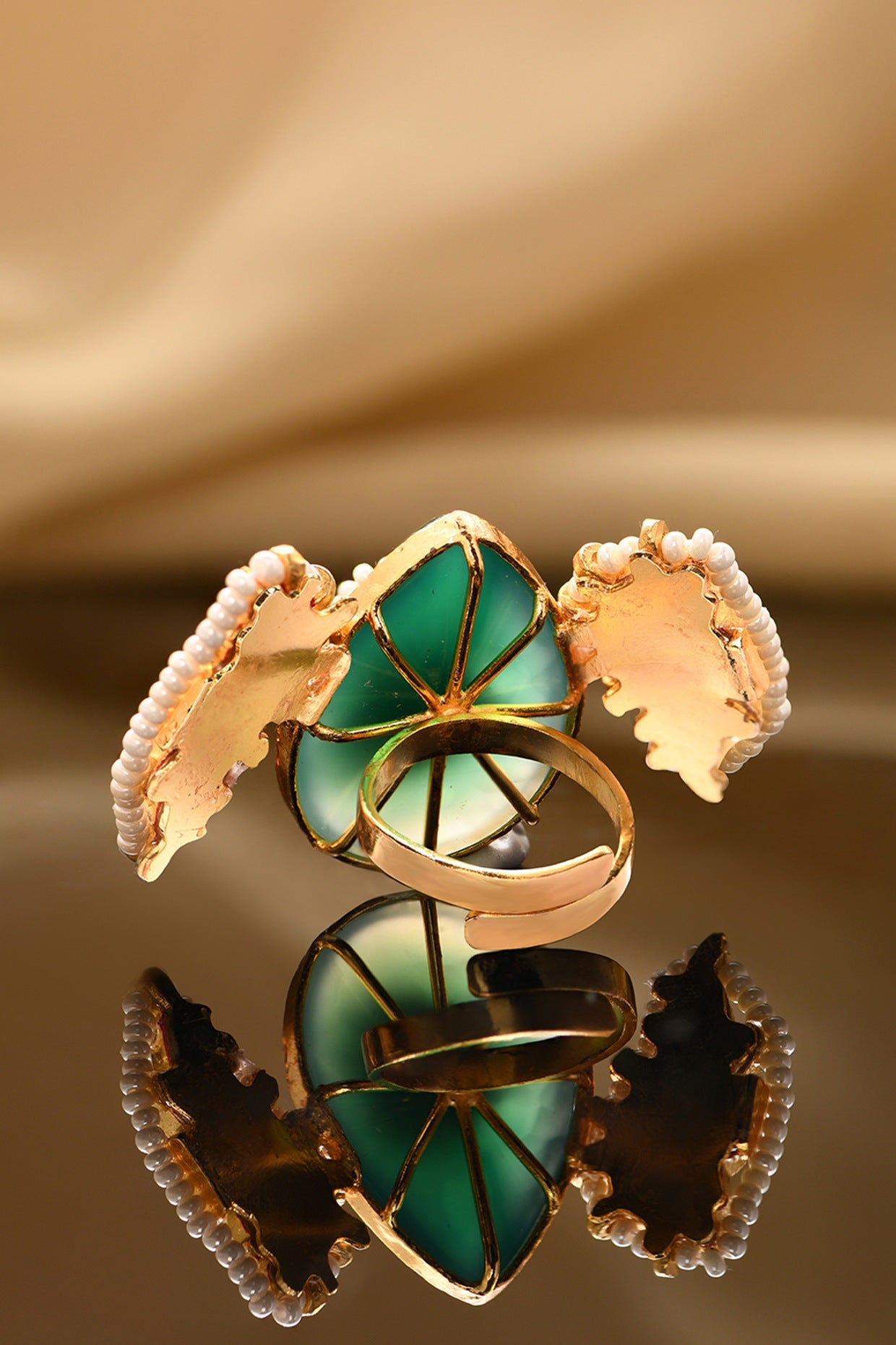 Gold Plated Green Agate & Kundan Polki Ring