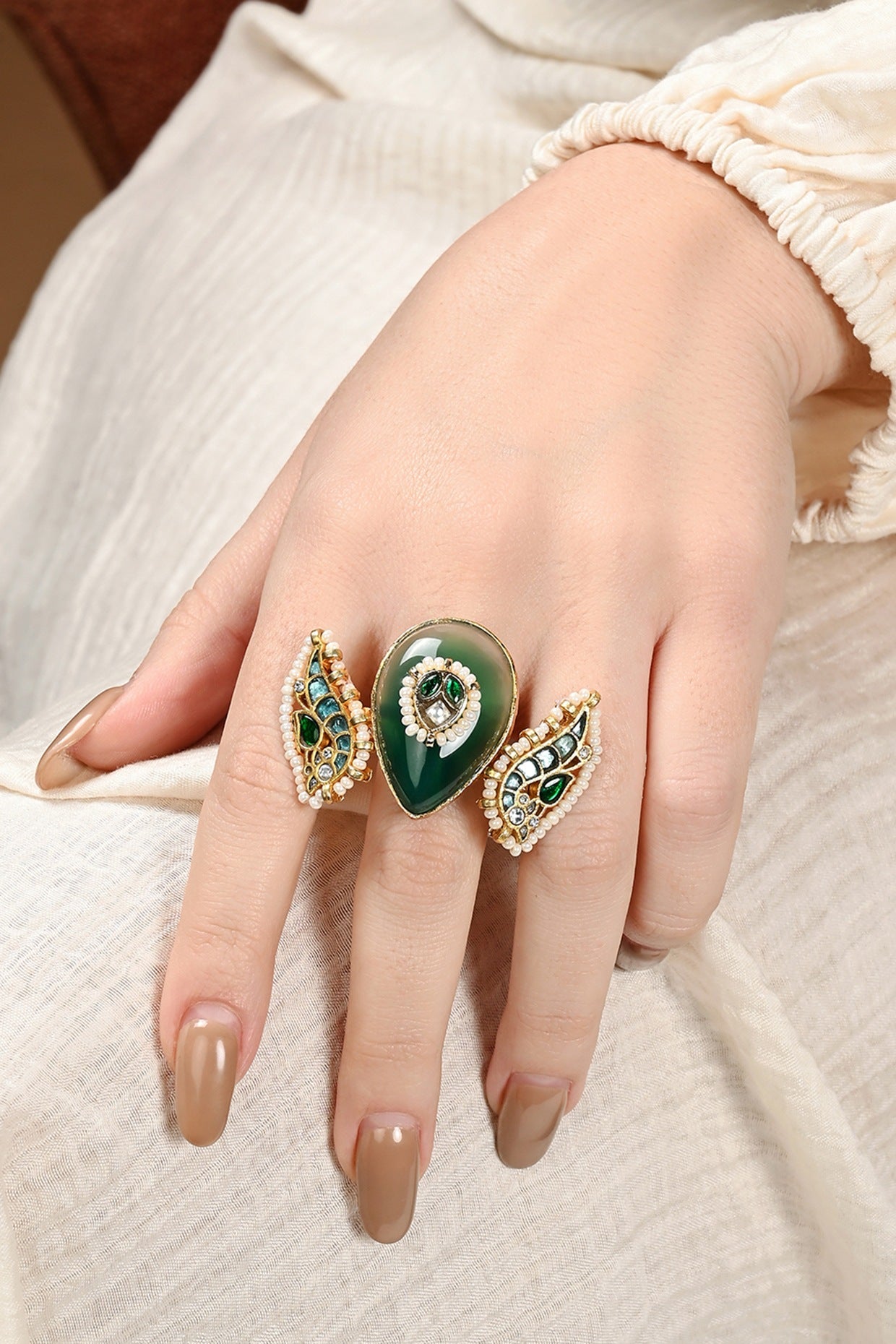 Gold Plated Green Agate & Kundan Polki Ring