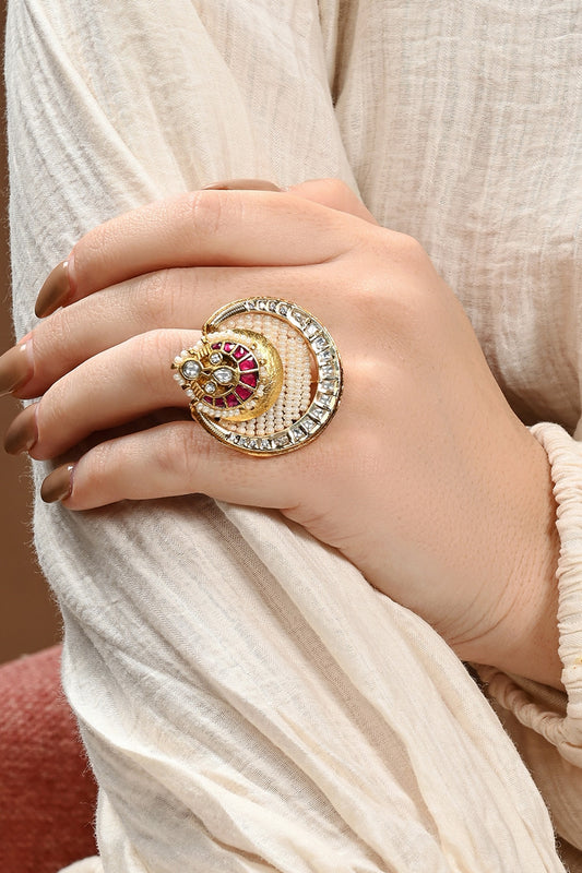 Gold Plated Kundan Polki & Hydro Ruby Ring