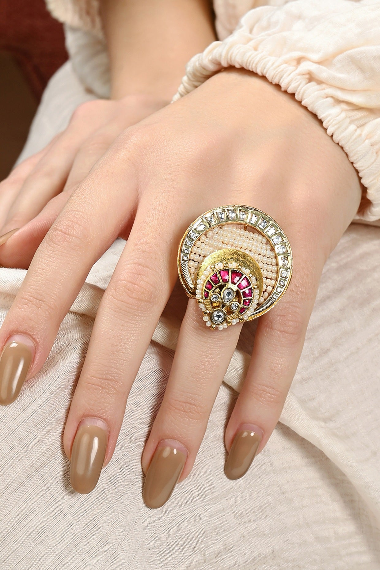 Gold Plated Kundan Polki & Hydro Ruby Ring