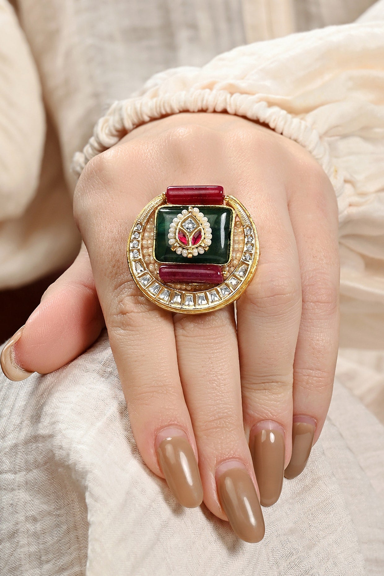 Gold Plated Kundan Polki & Hydro Ruby Ring