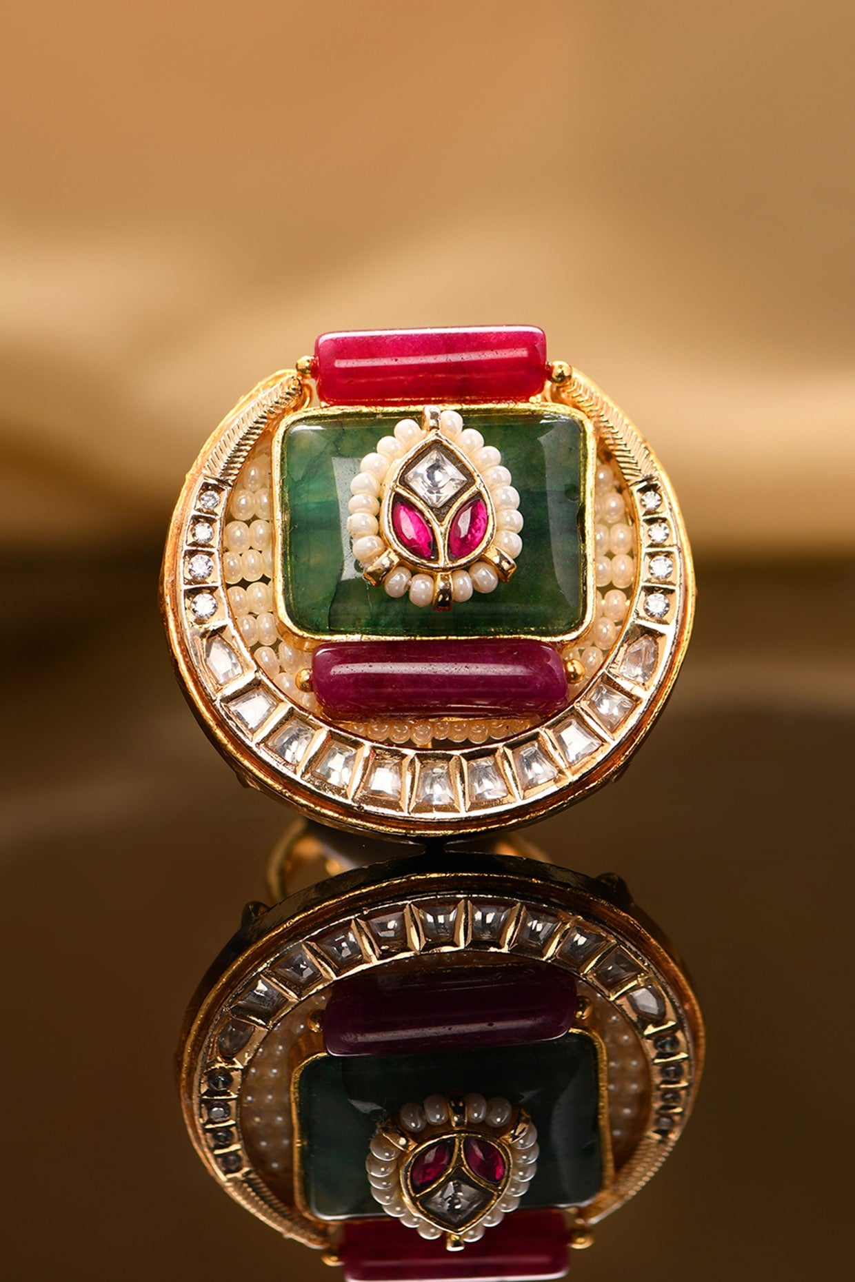 Gold Plated Kundan Polki & Hydro Ruby Ring