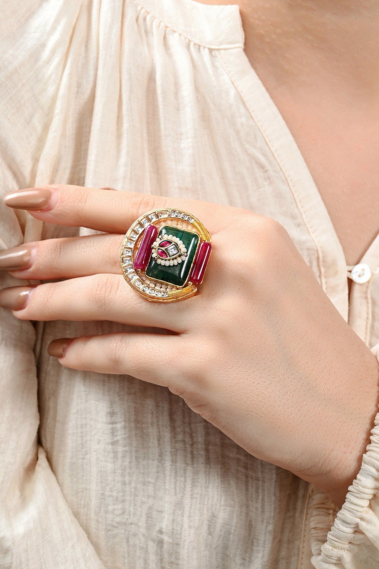 Gold Plated Kundan Polki & Hydro Ruby Ring