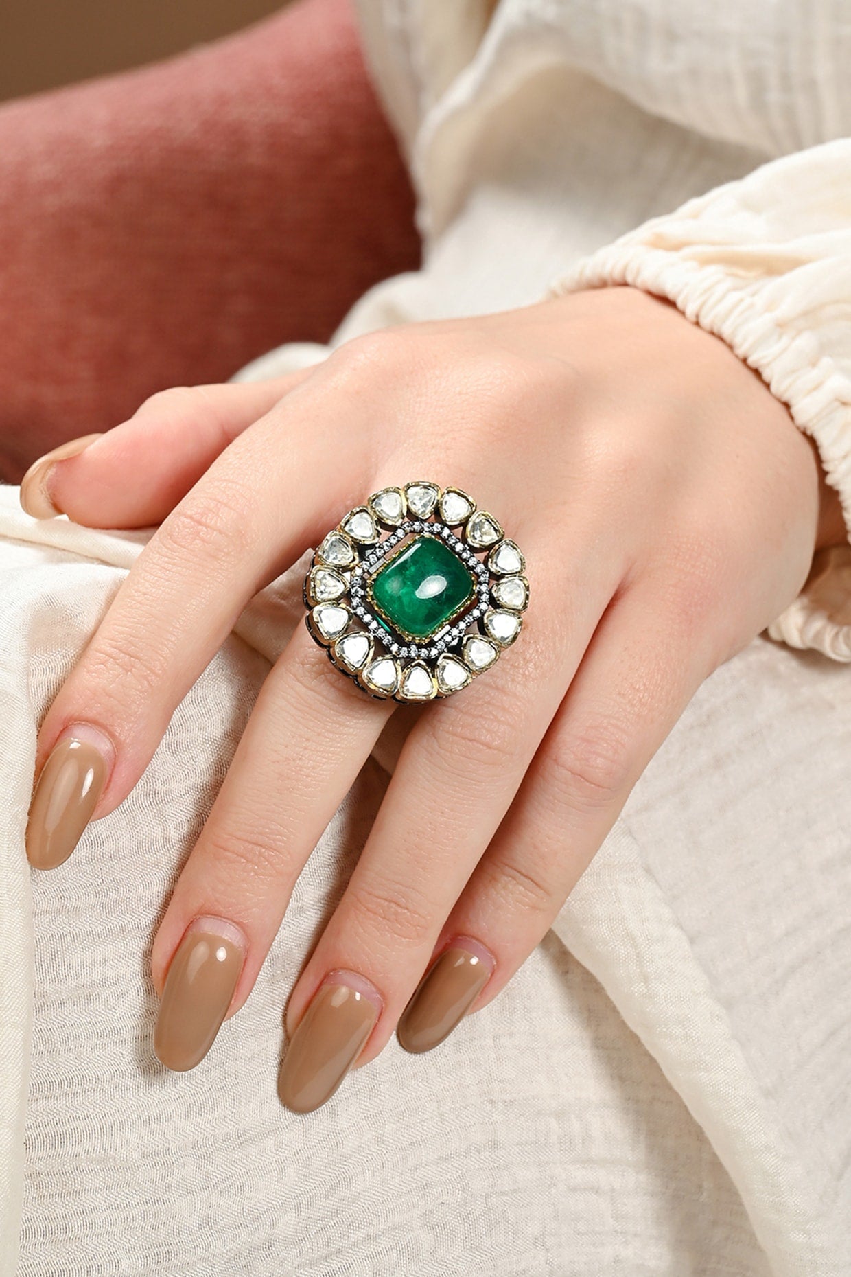 Gold Plated Kundan Polki & Green Onyx Ring