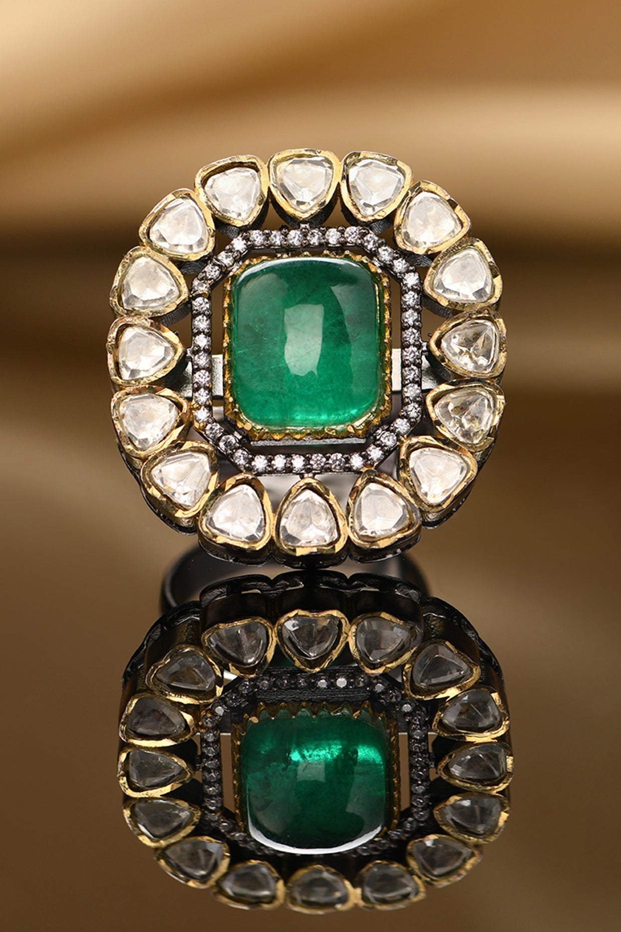 Gold Plated Kundan Polki & Green Onyx Ring