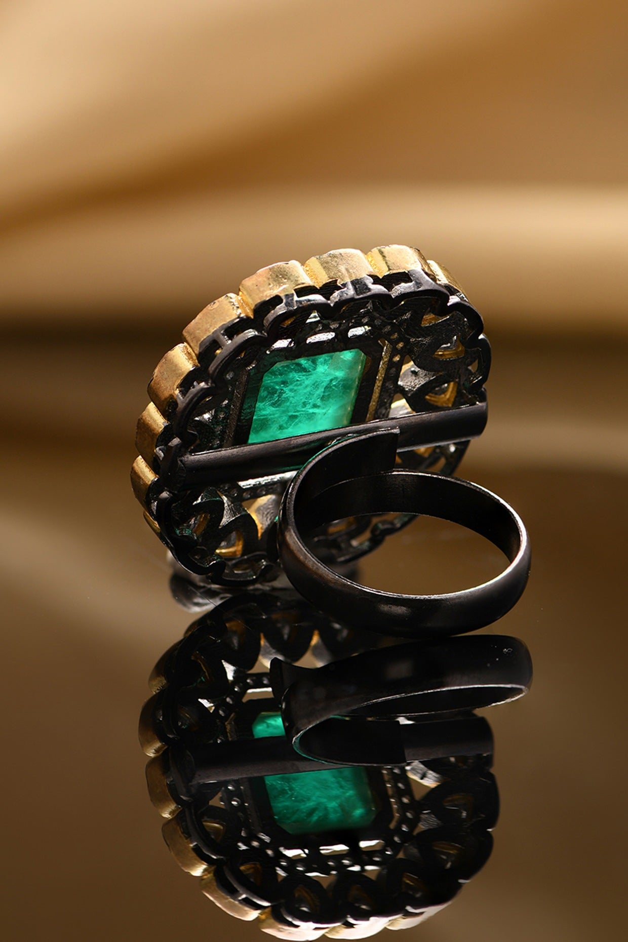 Gold Plated Kundan Polki & Green Onyx Ring