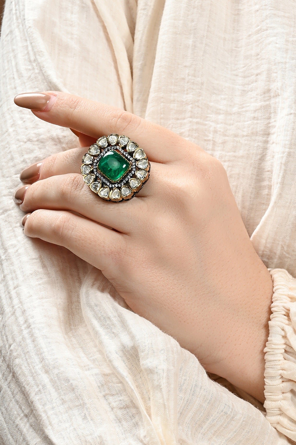 Gold Plated Kundan Polki & Green Onyx Ring