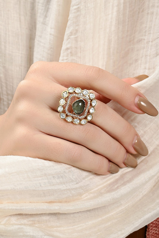 Gold Plated Kundan Polki & Green Jade Ring