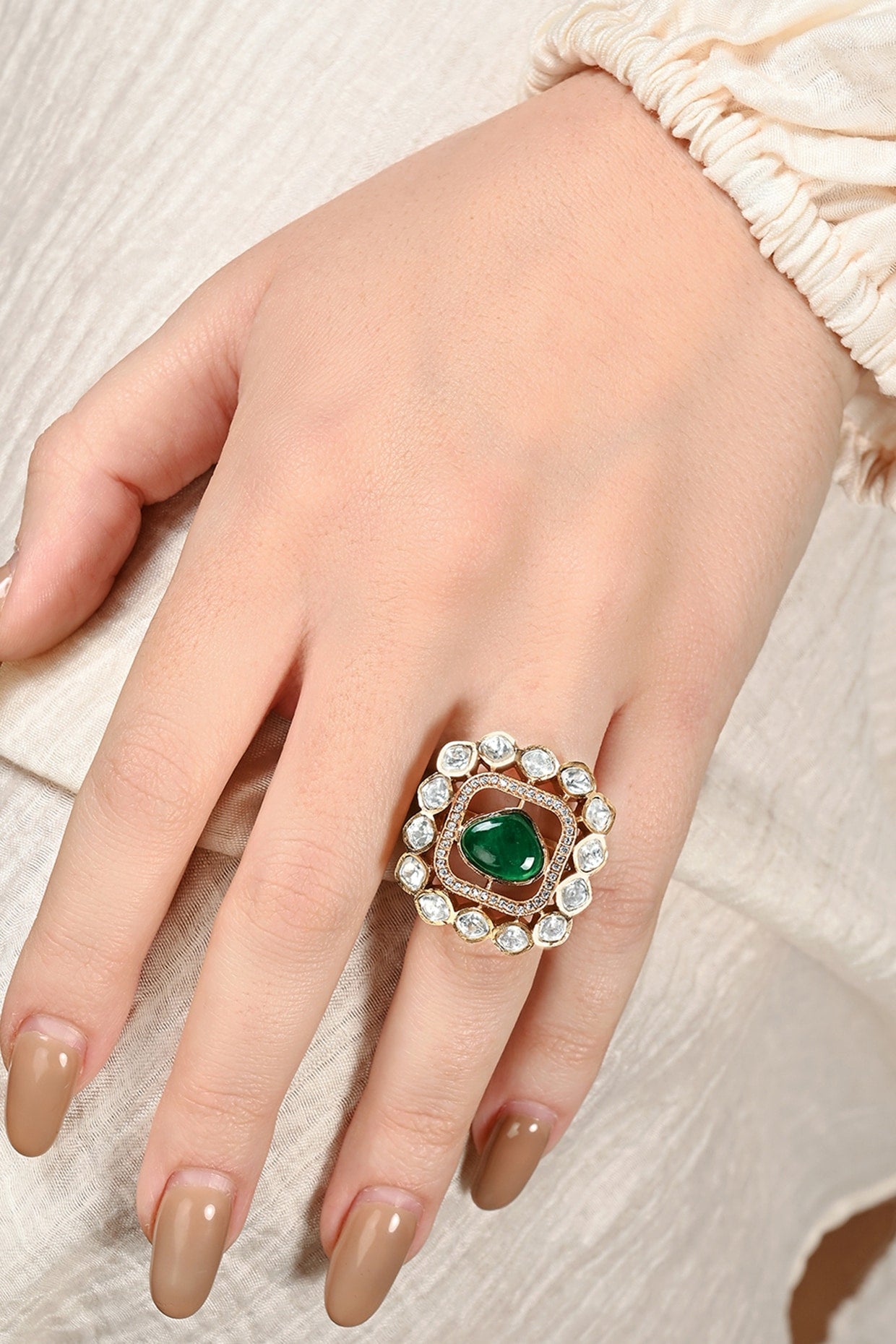 Gold Plated Kundan Polki & Hydro Emerald Ring