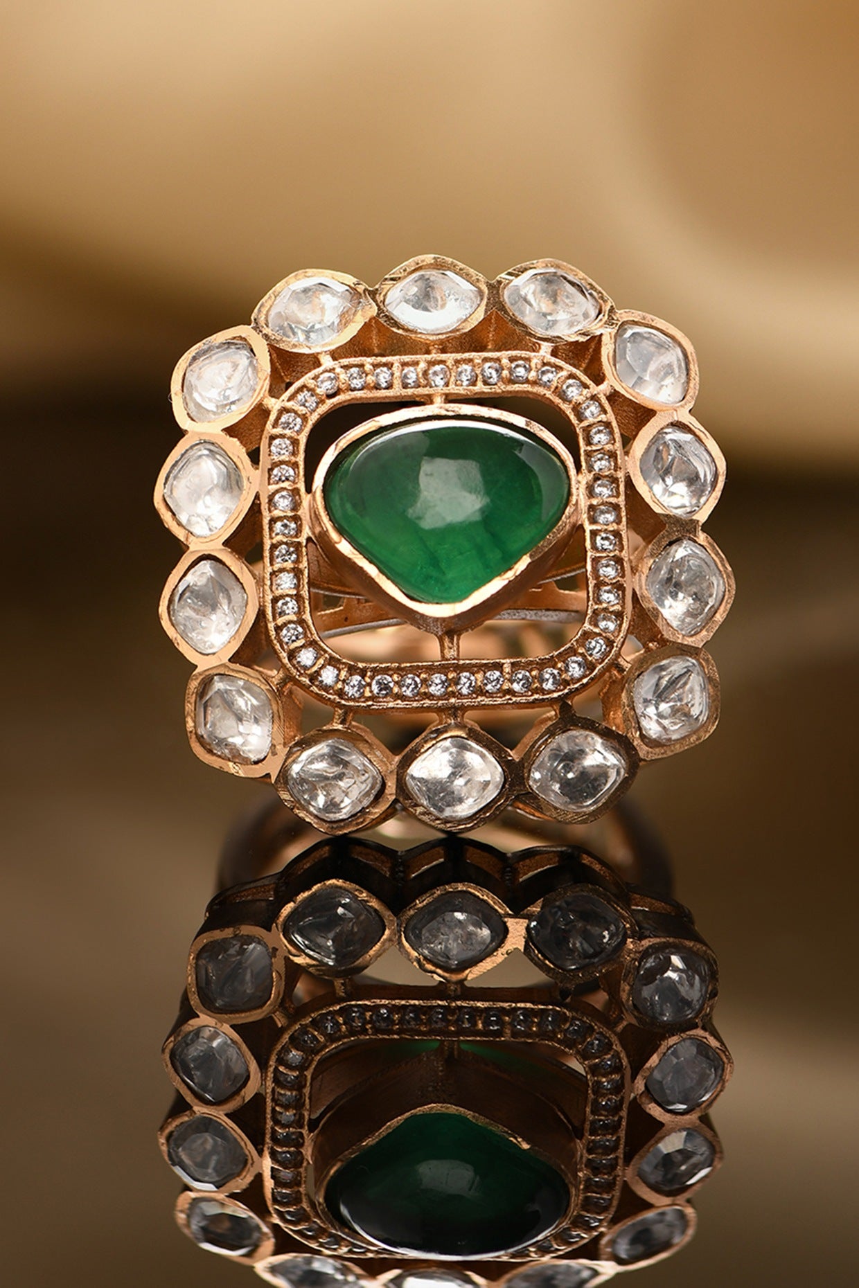 Gold Plated Kundan Polki & Hydro Emerald Ring