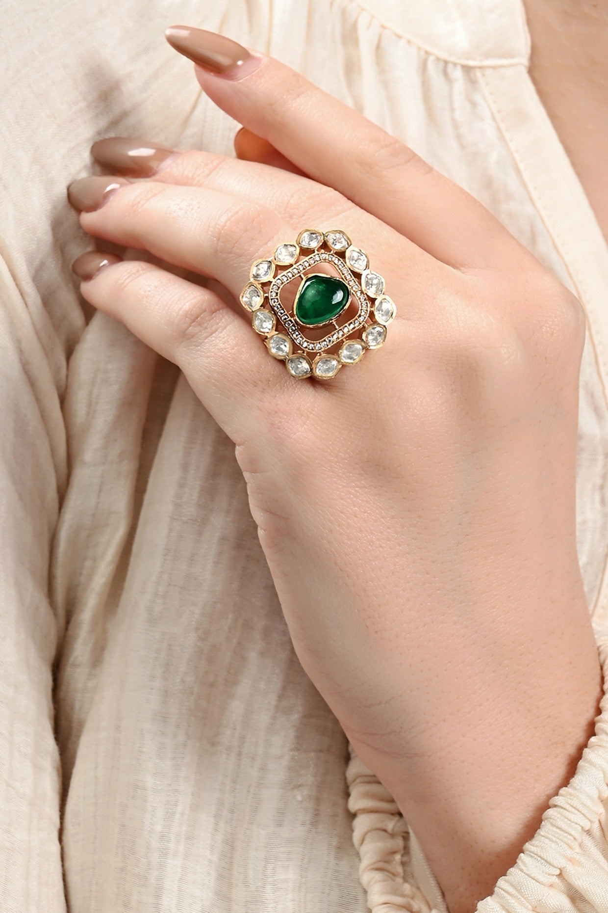 Gold Plated Kundan Polki & Hydro Emerald Ring