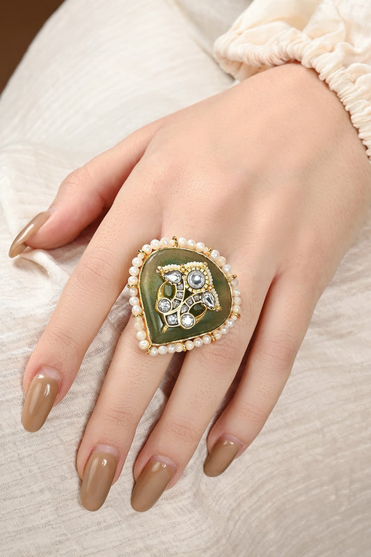 Gold Plated Kundan Polki & Green Jade Ring