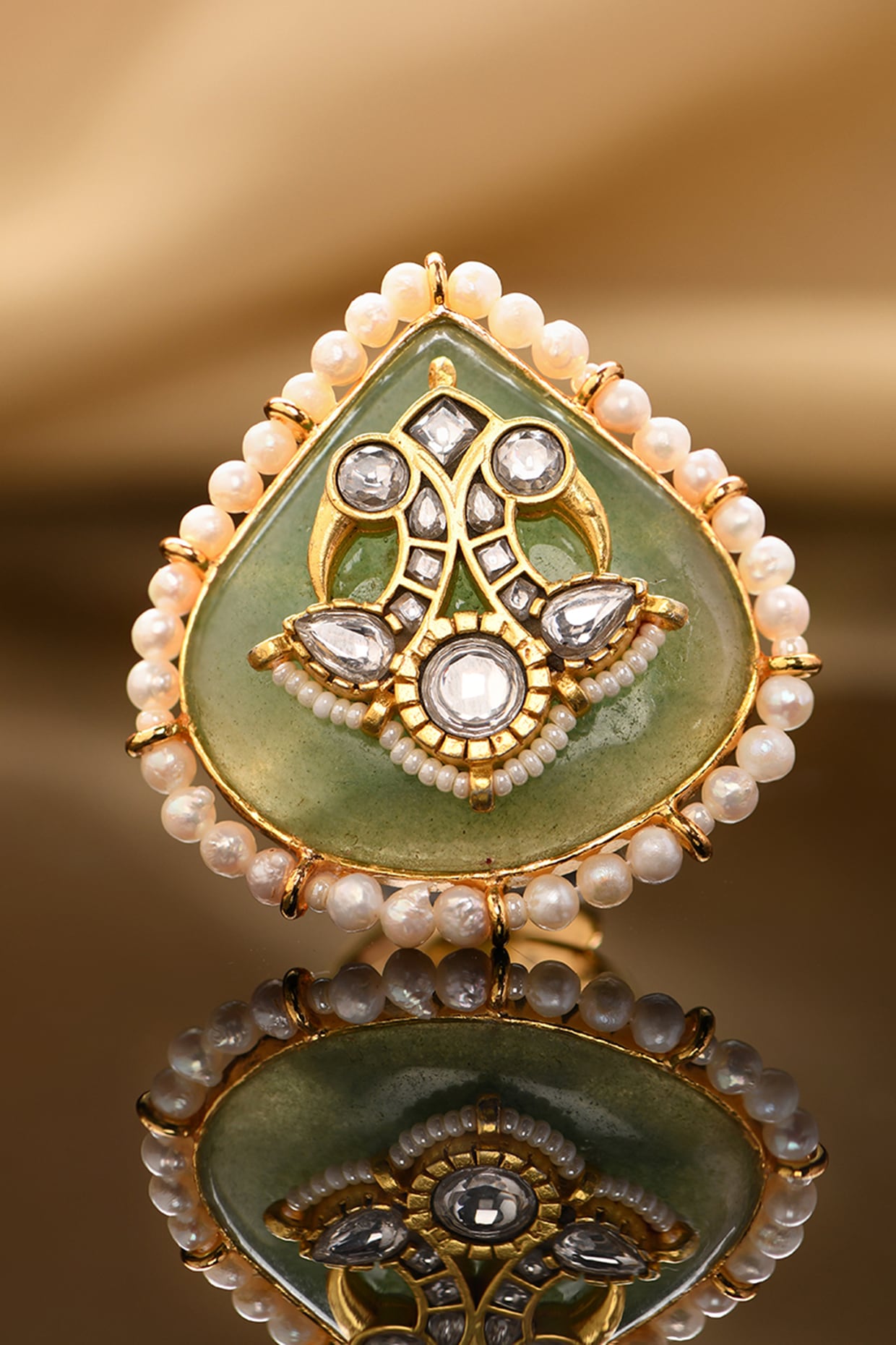 Gold Plated Kundan Polki & Green Jade Ring