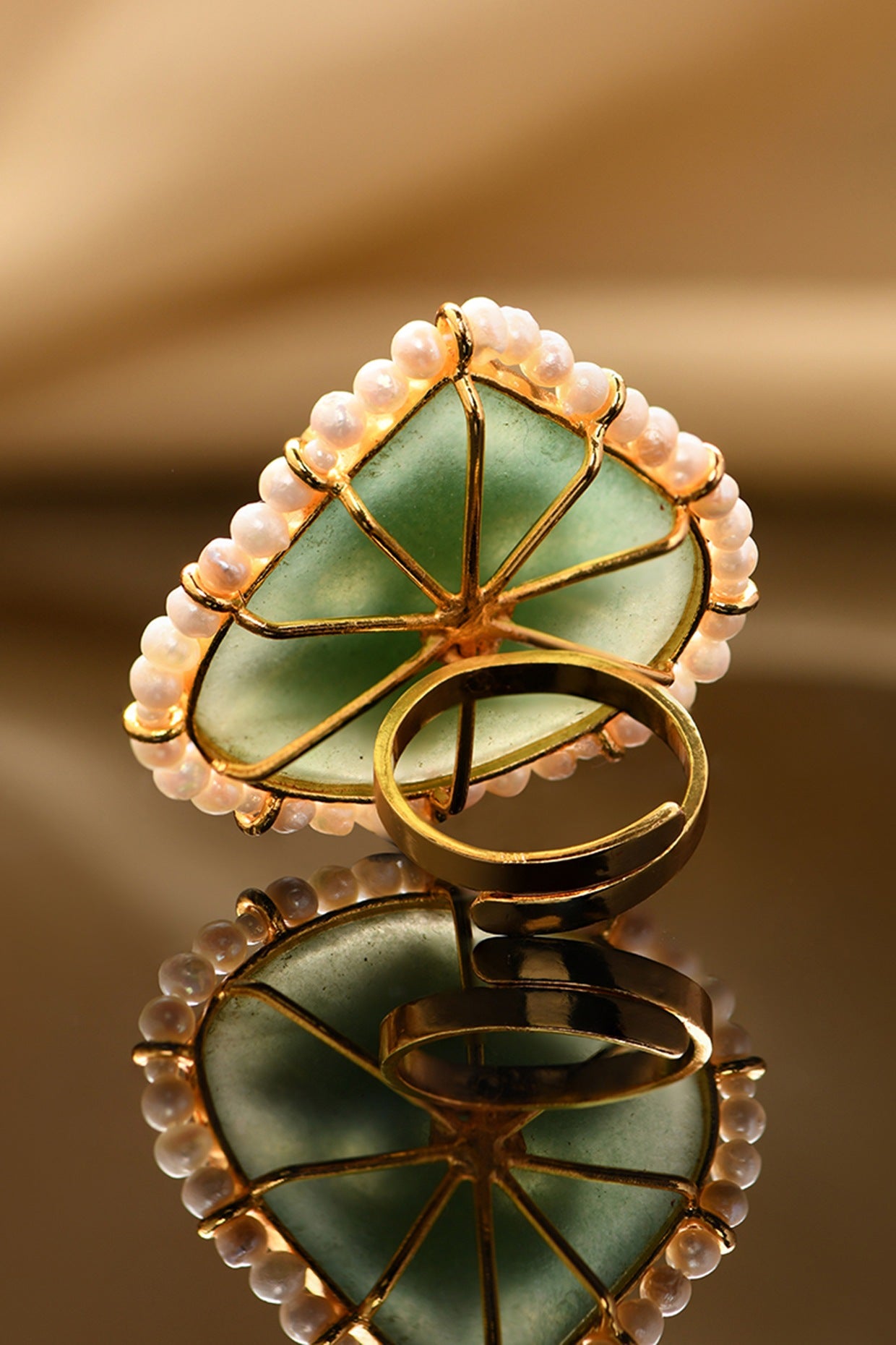 Gold Plated Kundan Polki & Green Jade Ring