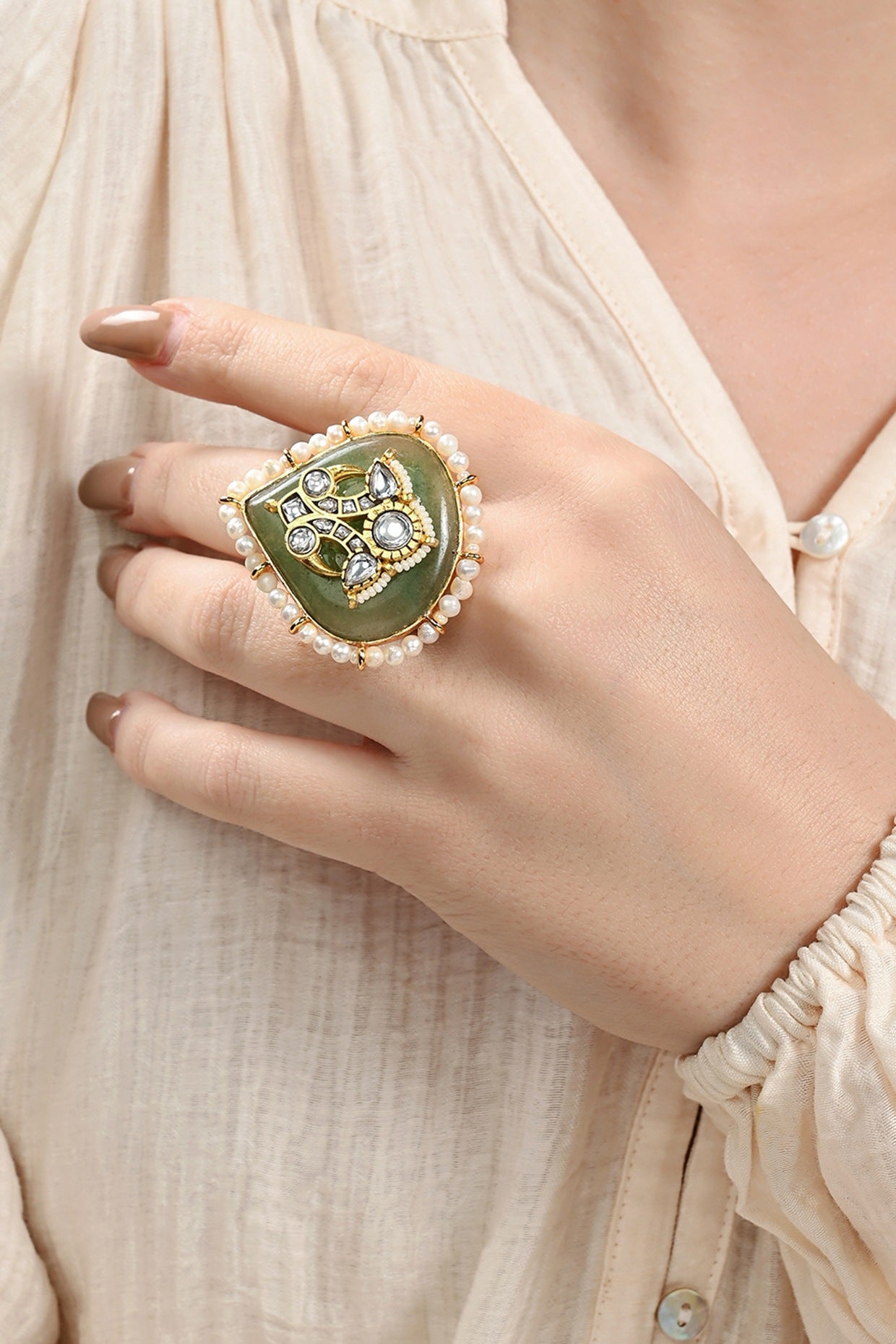 Gold Plated Kundan Polki & Green Jade Ring