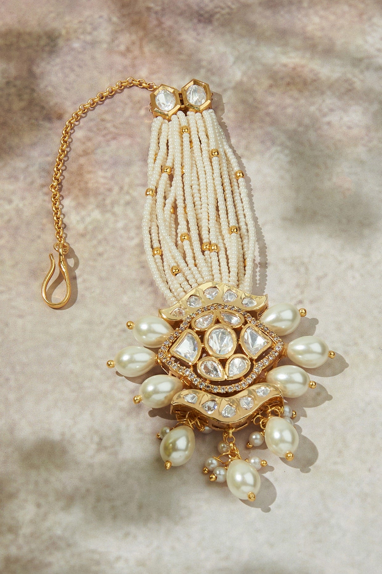 Gold Finish Kundan Polki & Beaded Maangtikka