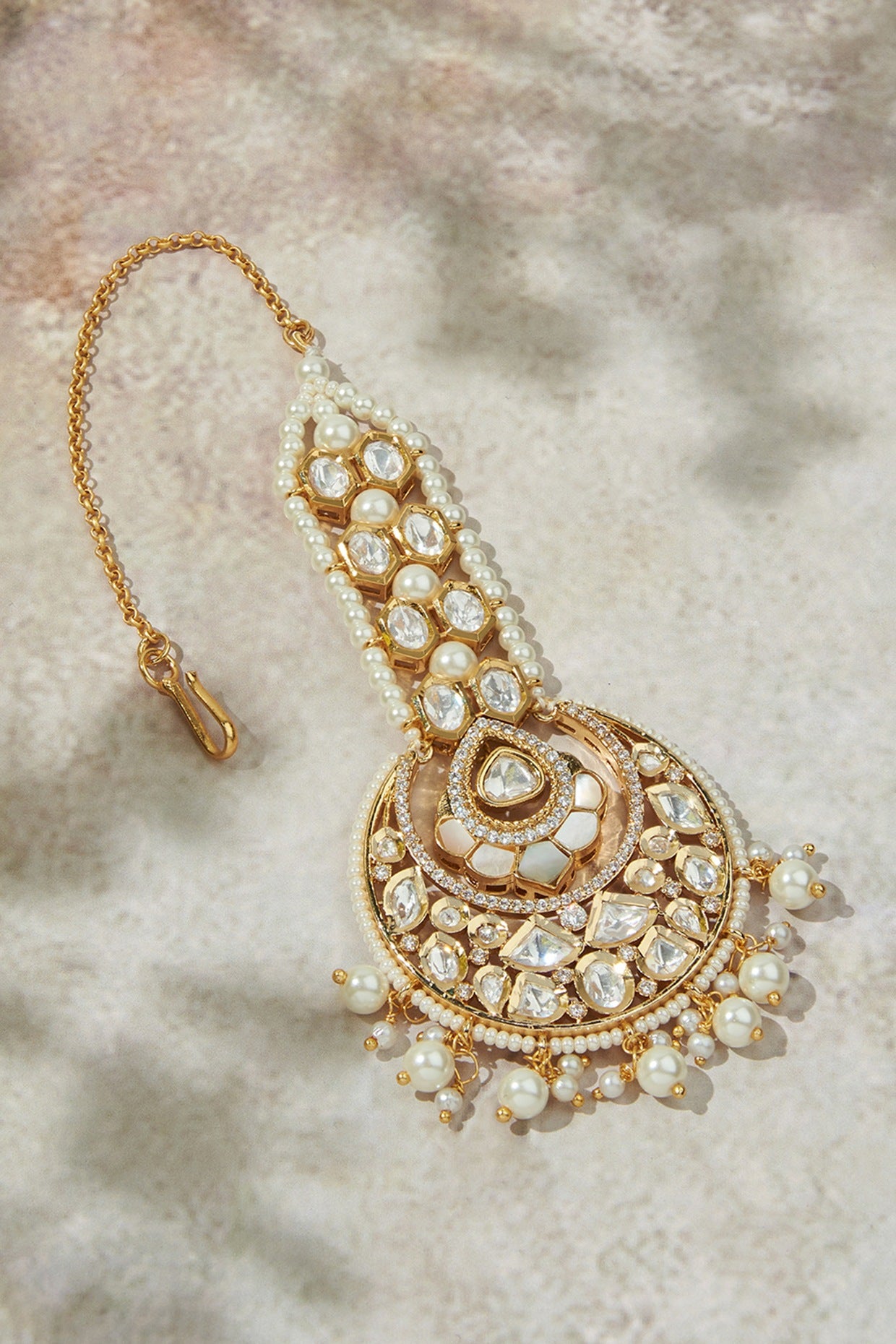 Gold Finish Kundan Polki & Mother Of Pearl Maang Tikka