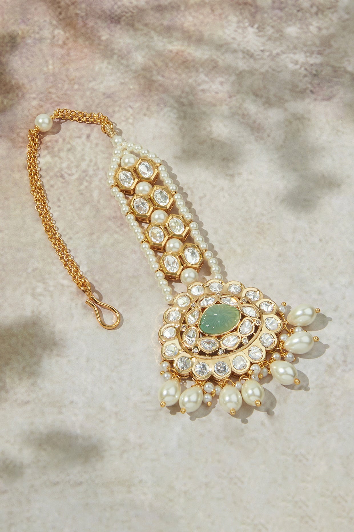 Gold Finish Kundan Polki & Carved Green Stone Maangtikka