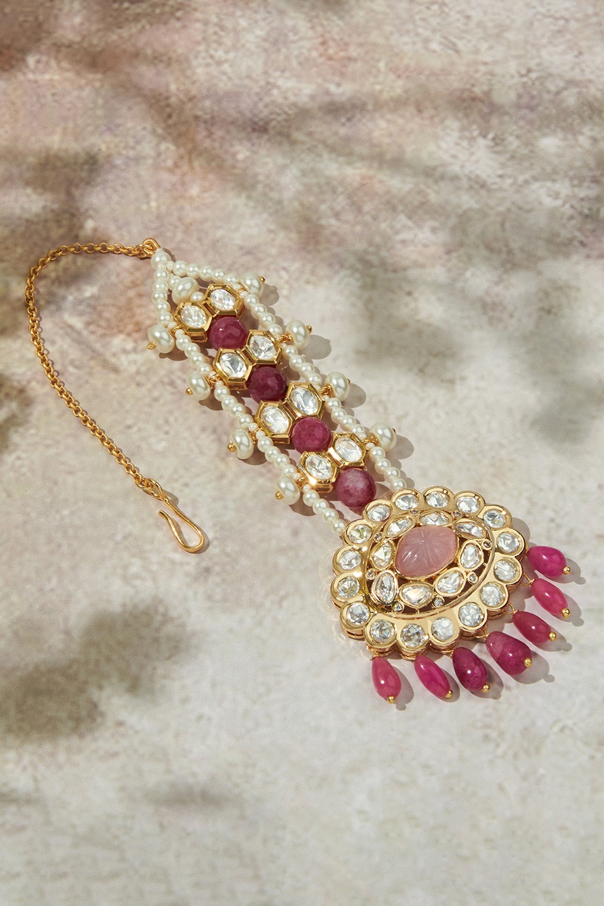 Gold Finish Kundan Polki & Carved Pink Stone Maangtikka