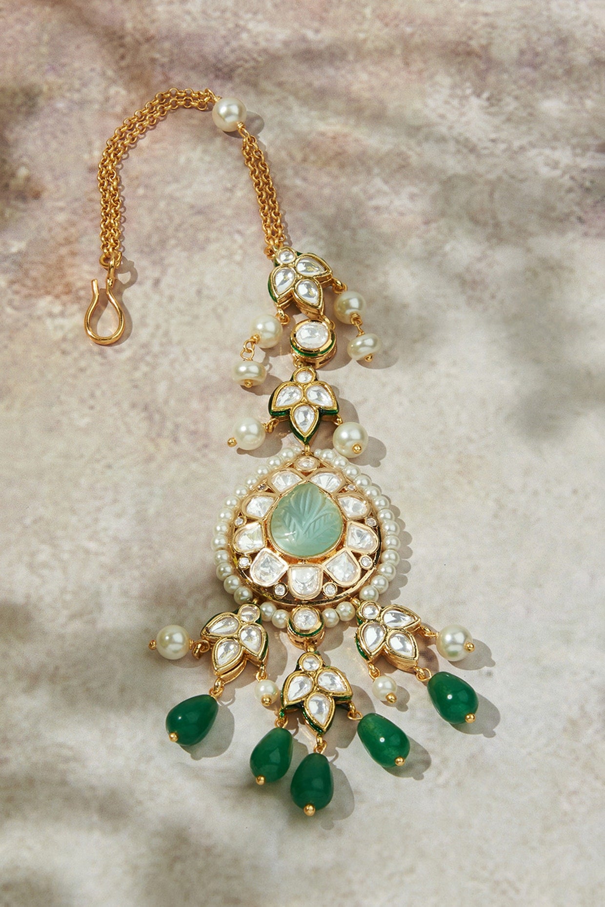 Gold Finish Kundan Polki & Carved Green Stone Maangtikka