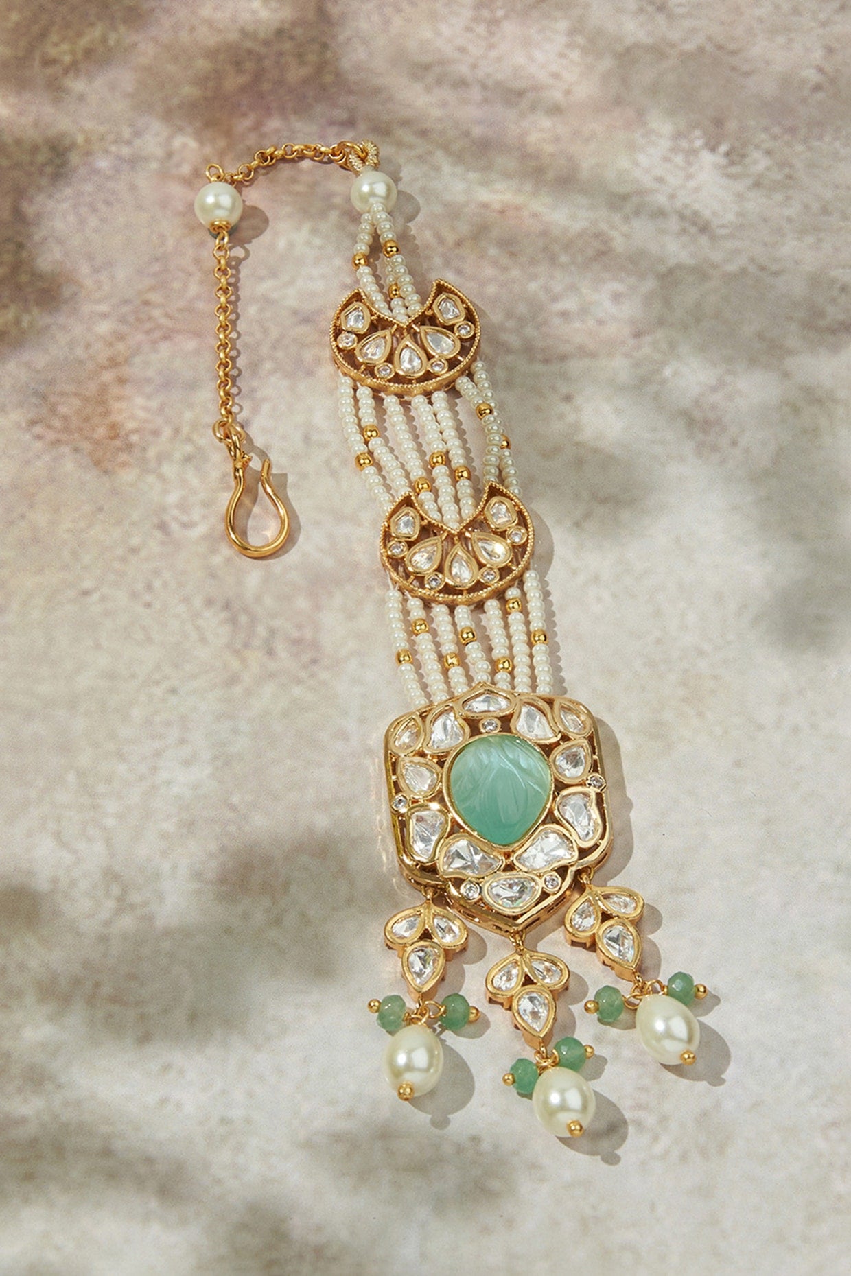 Gold Finish Kundan Polki & Carved Green Stone Maangtikka