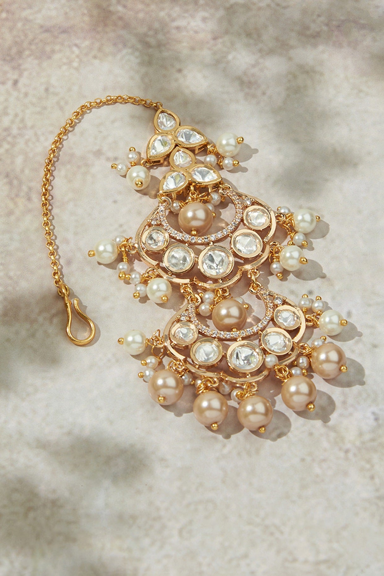 Gold Finish Kundan Polki & Pearl Maang Tikka