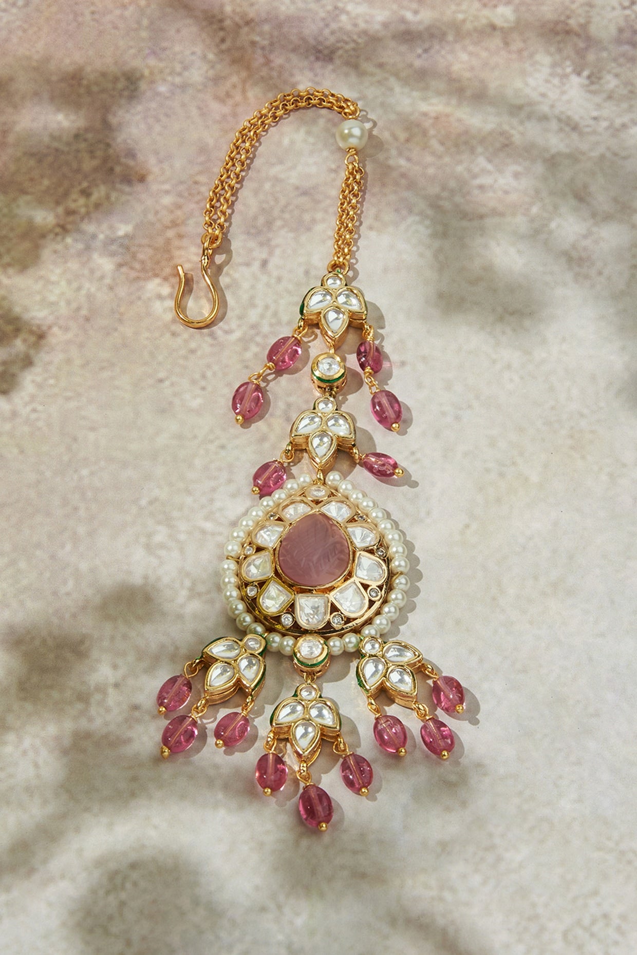 Gold Finish Kundan Polki & Carved Pink Stone Maangtikka