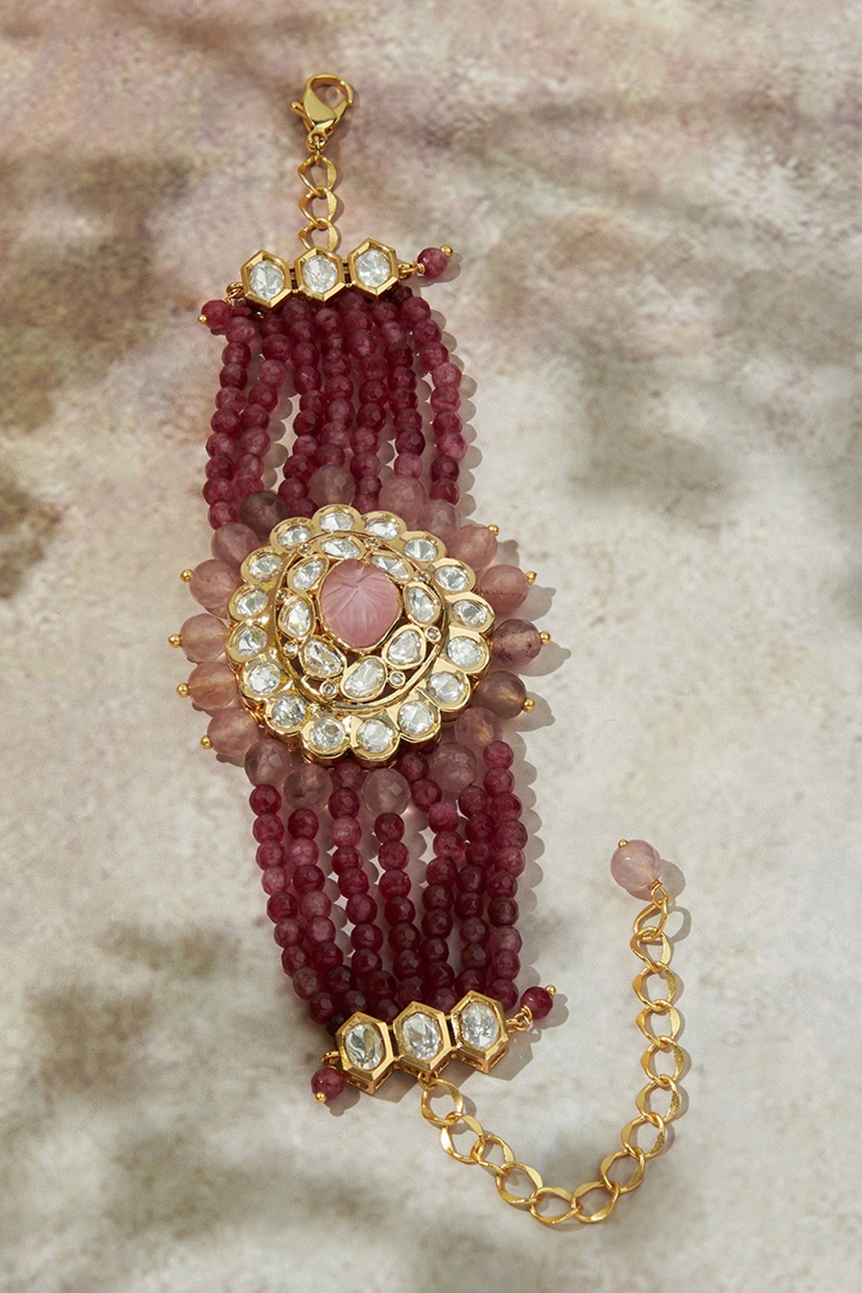 Gold Finish Pink & Red Agate Beaded Bracelet