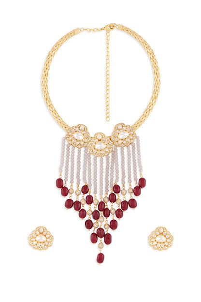 Gold Finish Grey Agate Beaded Necklace Set