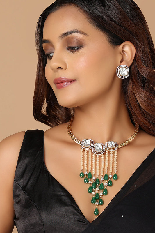 Gold Finish Green Onyx Beaded Necklace