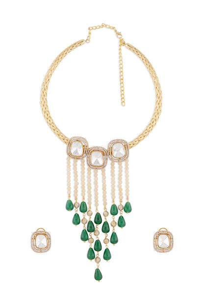 Gold Finish Green Onyx Beaded Necklace