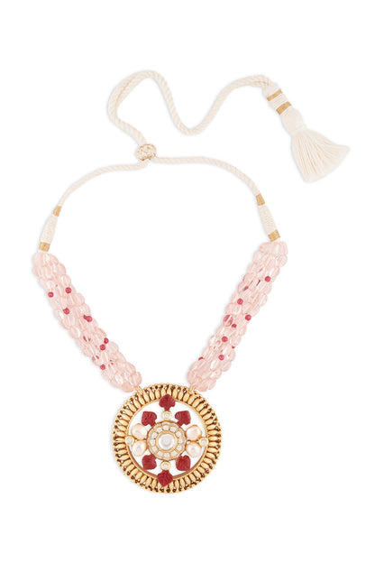 Gold Finish Pink Jade Beaded Necklace