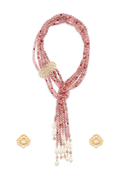 Gold Finish Pink Agate Beaded Necklace