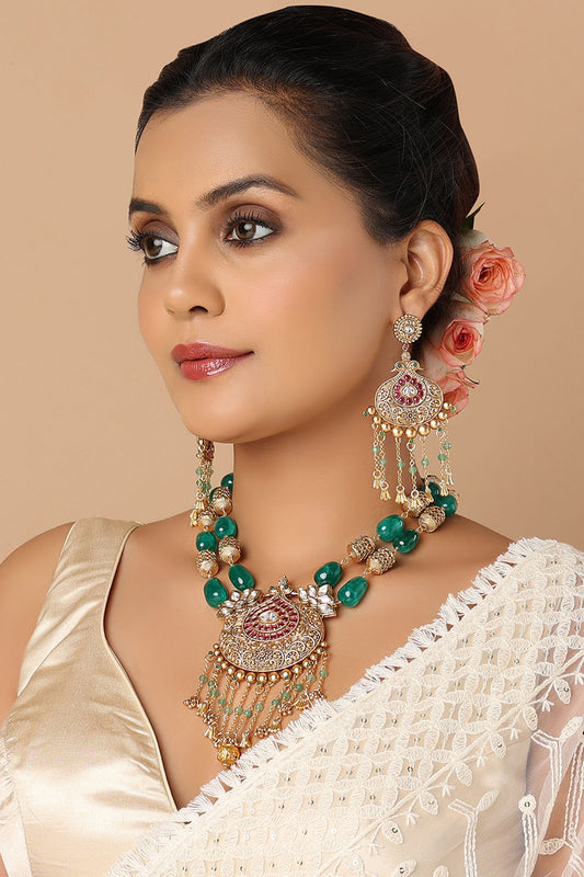 Gold Finish Green Jade Carved Beaded Necklace Set