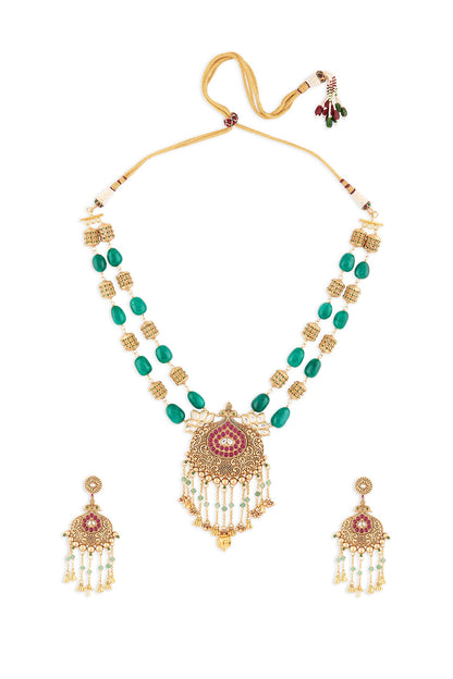 Gold Finish Green Jade Carved Beaded Necklace Set