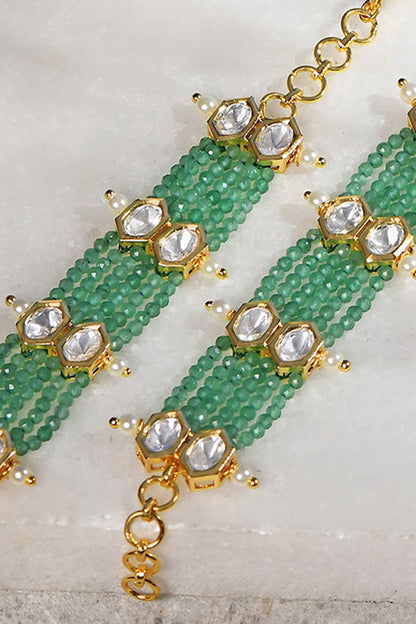 Gold Plated Kundan Polki & Green Agate Bead Kaan Chain Earrings