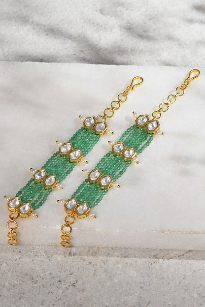 Gold Plated Kundan Polki & Green Agate Bead Kaan Chain Earrings
