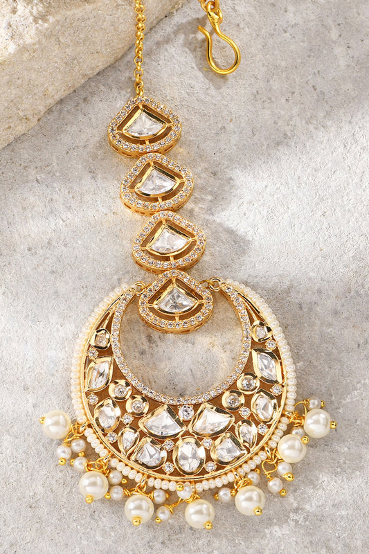 Gold Plated Kundan Polki & Pearl Maangtikka