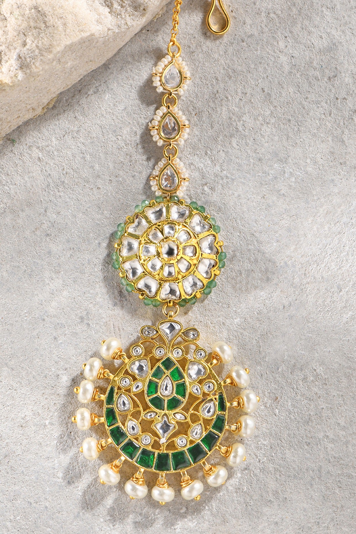 Gold Plated Kundan Polki & Green Agate Bead Maangtikka