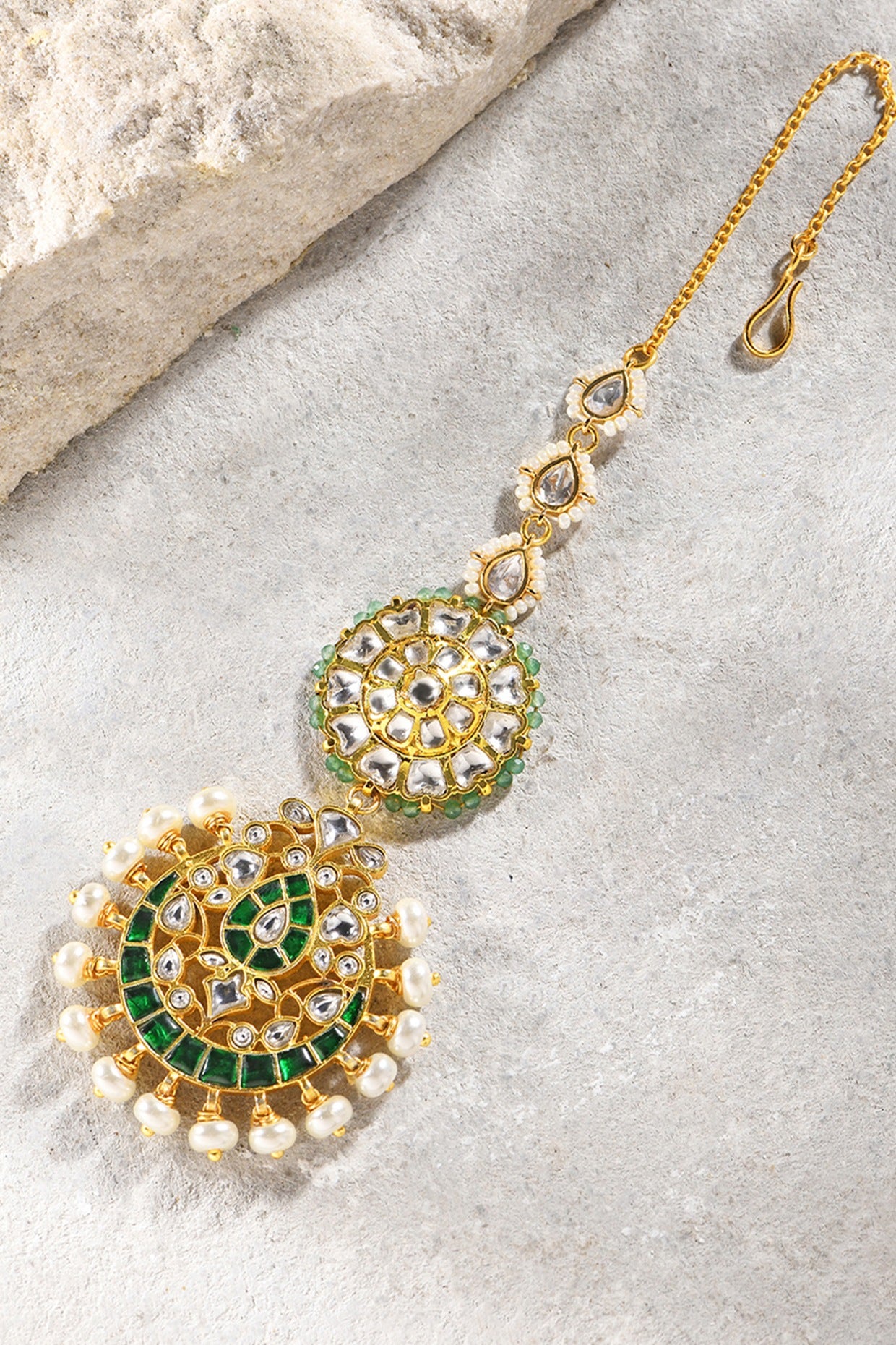 Gold Plated Kundan Polki & Green Agate Bead Maangtikka