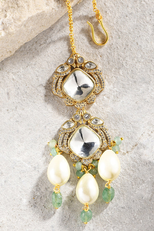 Gold Plated Kundan Polki & Green Agate Drop Maangtikka