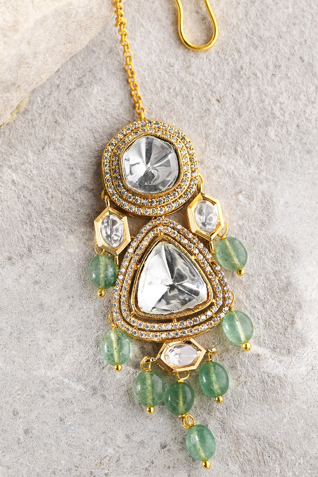 Gold Plated Kundan Polki & Green Agate Drop Maangtikka