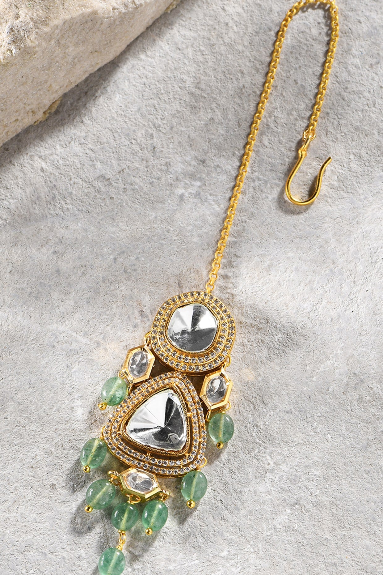 Gold Plated Kundan Polki & Green Agate Drop Maangtikka