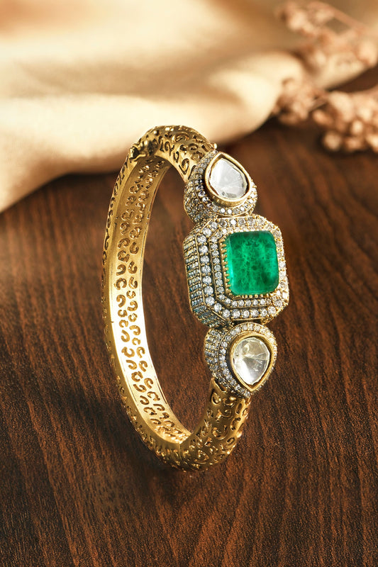 Gold Finish Kundan Polki & Green Stone Kada