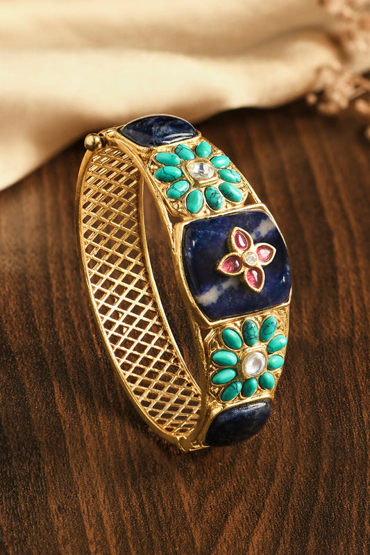 Gold Finish Green & Blue Semi-Precious Stone Kada