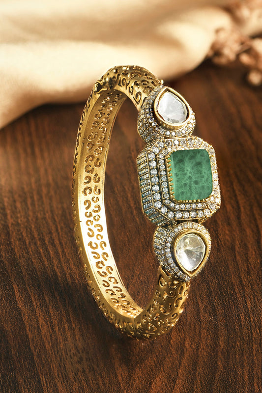 Gold Finish Mint Kundan Polki & Green Stone Kada