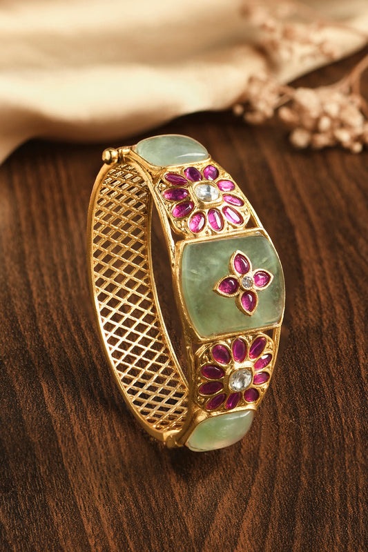 Gold Finish Light Green & Red Stone Motif Kada