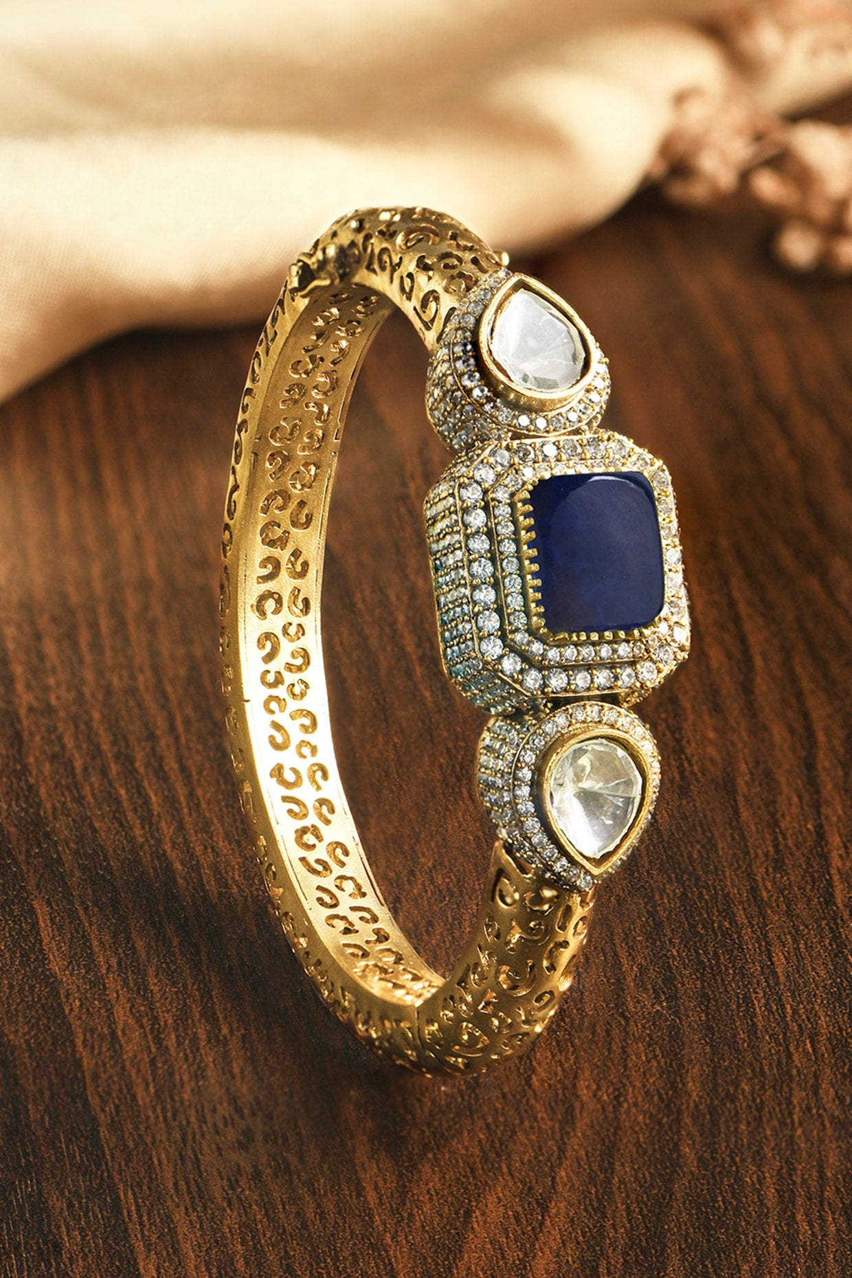 Gold Finish Sapphire Kundan Polki & Blue Stone Kada