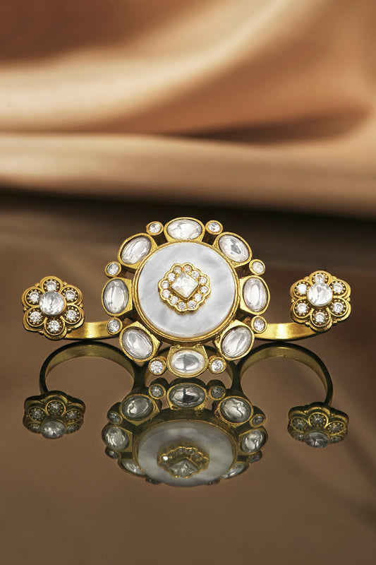 Gold Finish Kundan Polki & White Semi-Precious Stone Two-Finger Ring